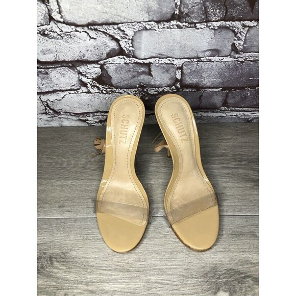 SCHUTZ Nude Patent Leather Clear Ankle Wrap Around Strap Heel Sandals Women 6B - Picture 1 of 16
